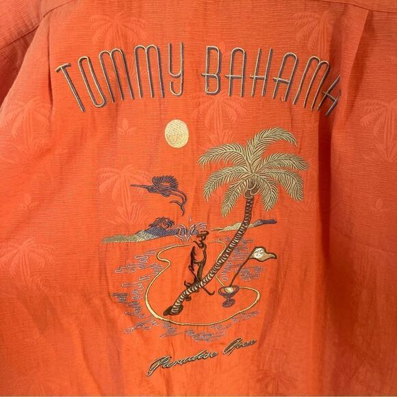 Rare Tommy Bahama Orange Silk Embroidered Back Short Sleeve Button Down Shirt - Picture 4 of 8
